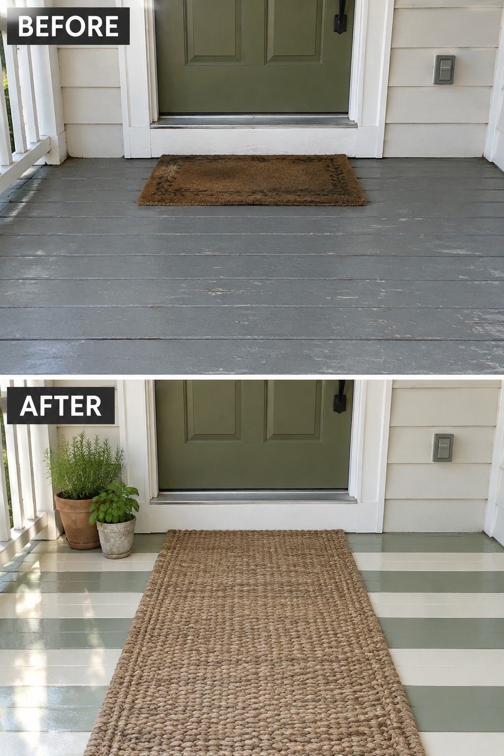 Before and after of green door porch with new striped paint and jute rug.