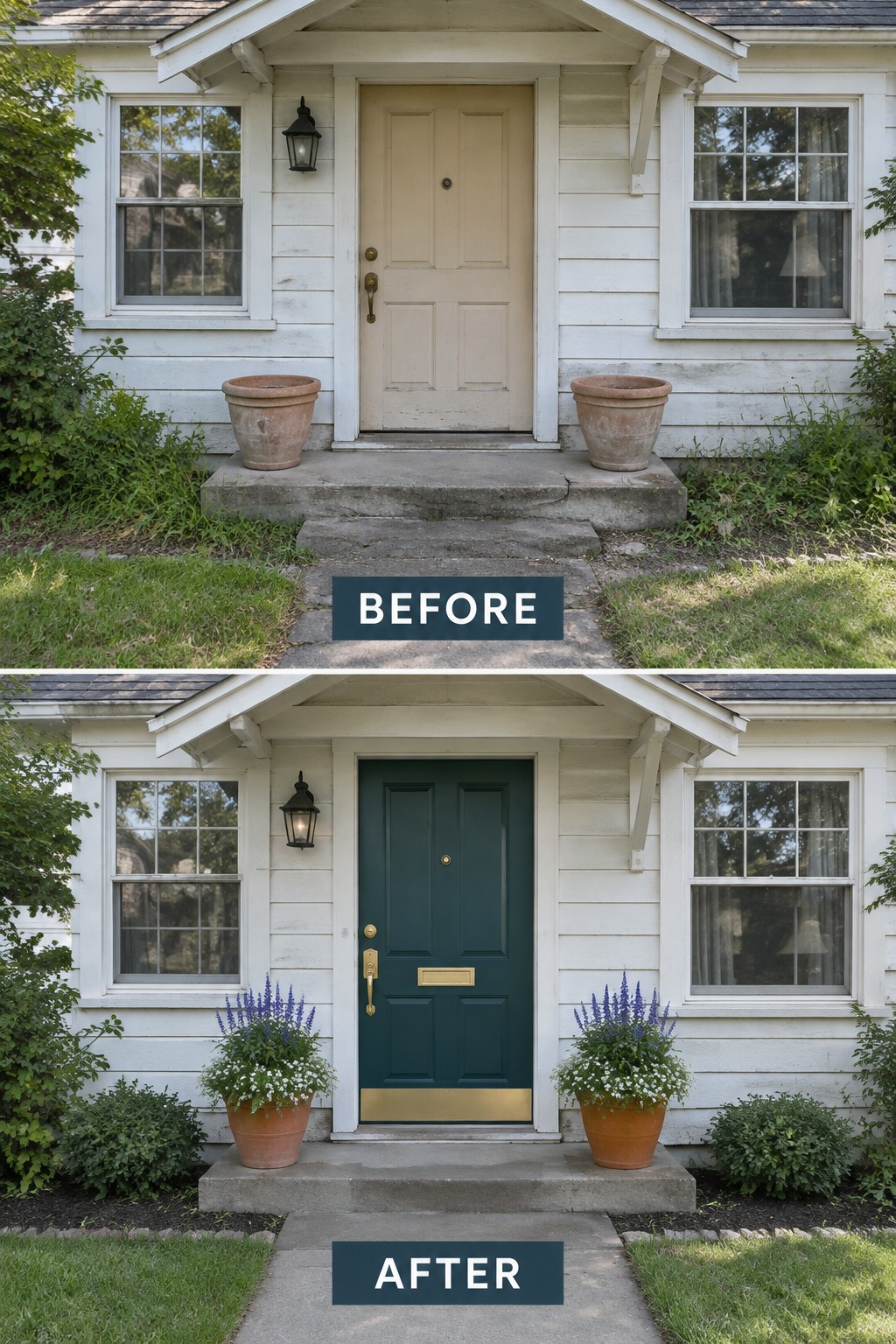 Before-and-after image of a white cottage home with the front door changed from beige to dark green and new flowering plants added in the pots.