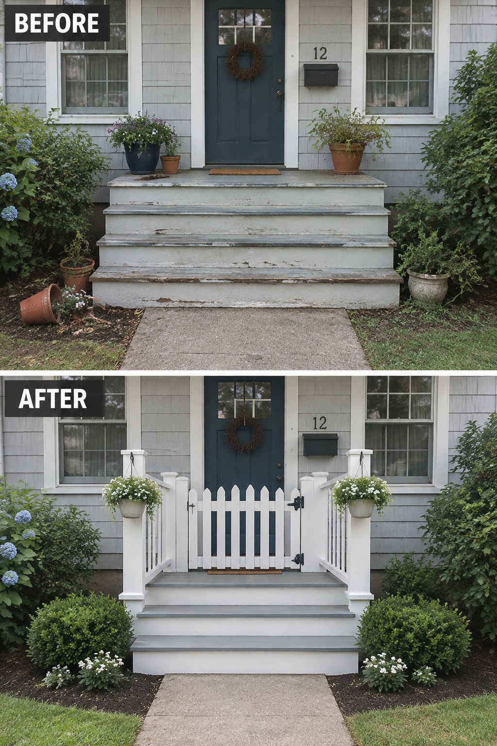 Before and after of front porch with new white picket gate and railings.