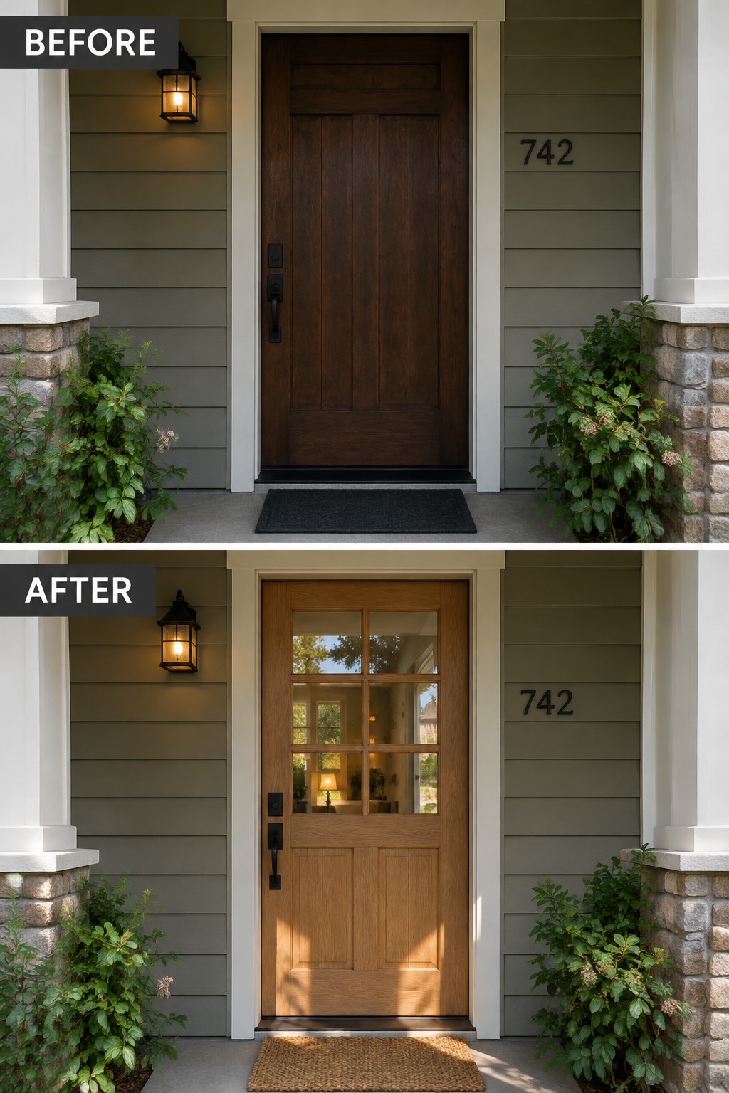 Before and after of dark wooden door changed to light oak with glass panels.
