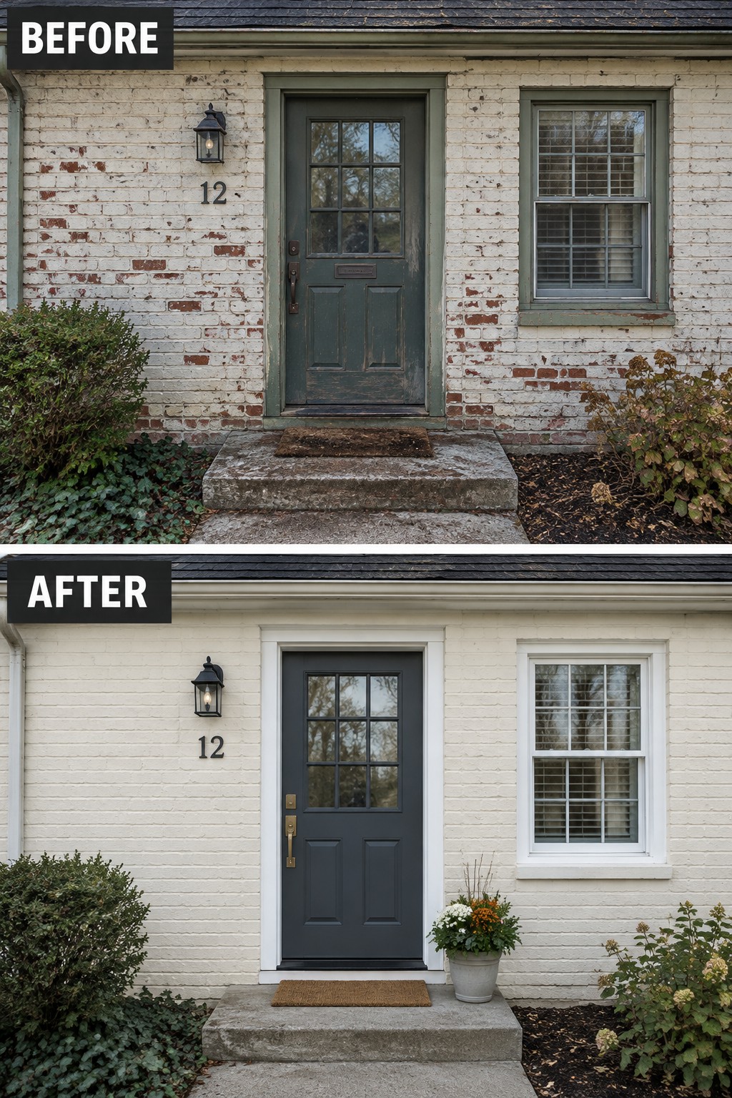 Before and after brick house entrance with new dark door and white trim.