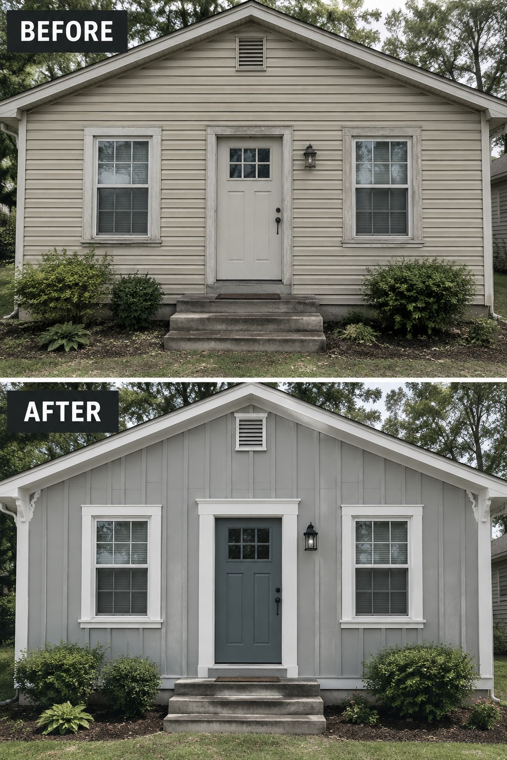 Before and after of house exterior repainted gray with white trim and blue door.