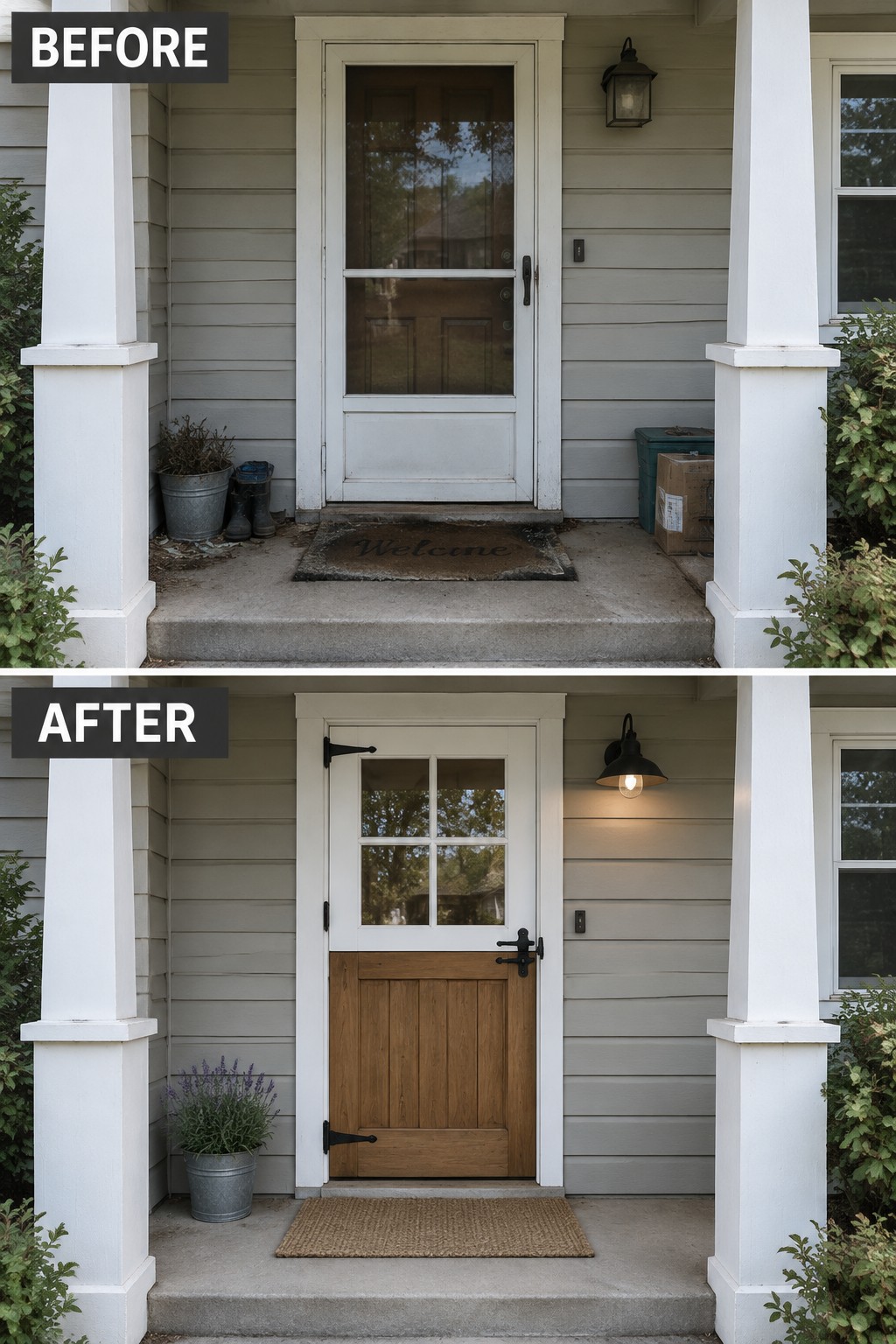 Before and after porch with renovated door, new light, and potted lavender.