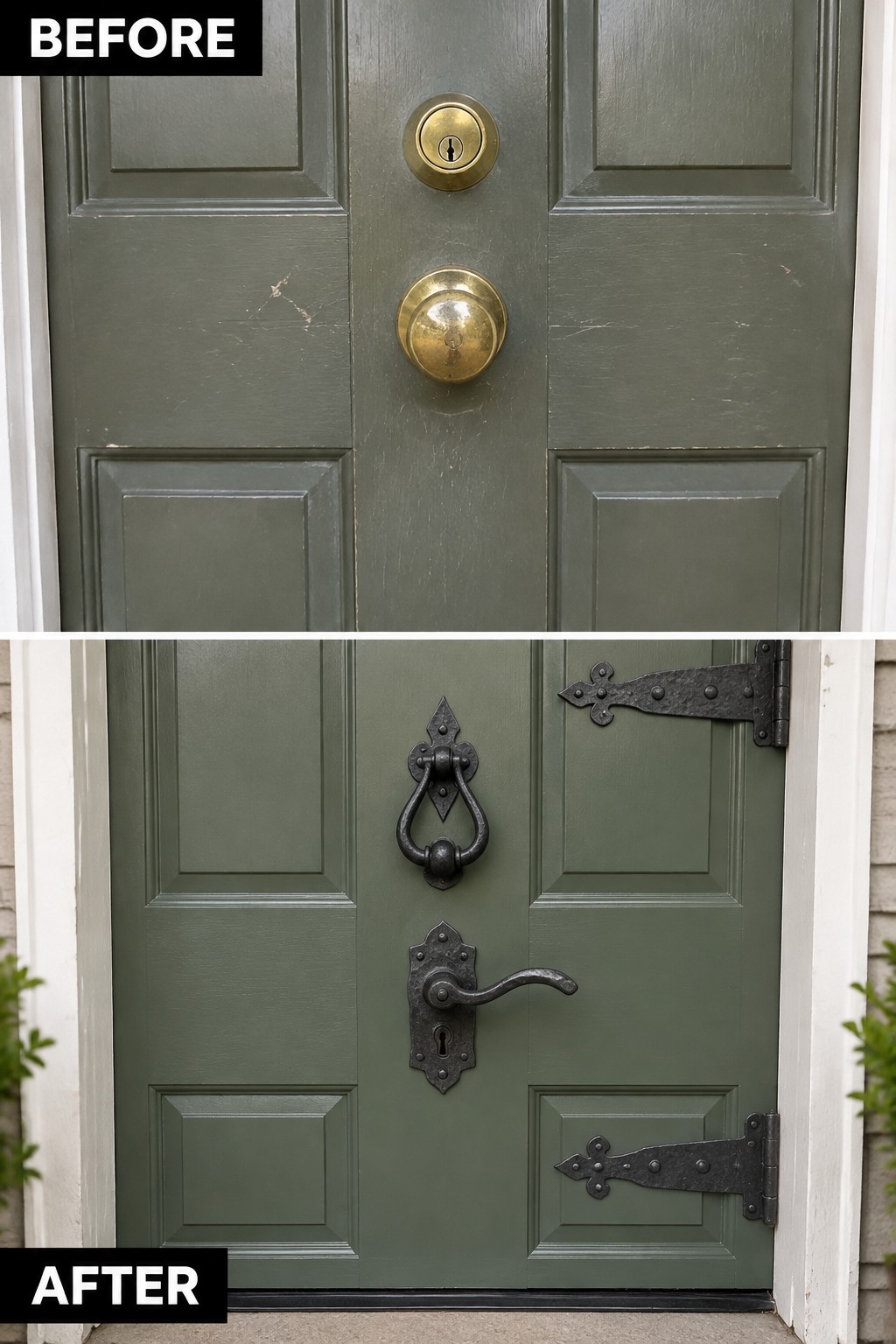 Green door before with brass knob, after with black knocker and handle.