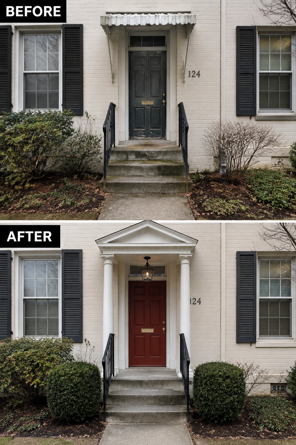 Before-and-after image of a house front entry updated with a white pediment and columns plus a red door.