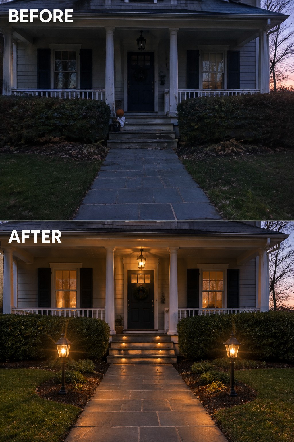 Before and after of house entrance with added warm pathway and porch lighting