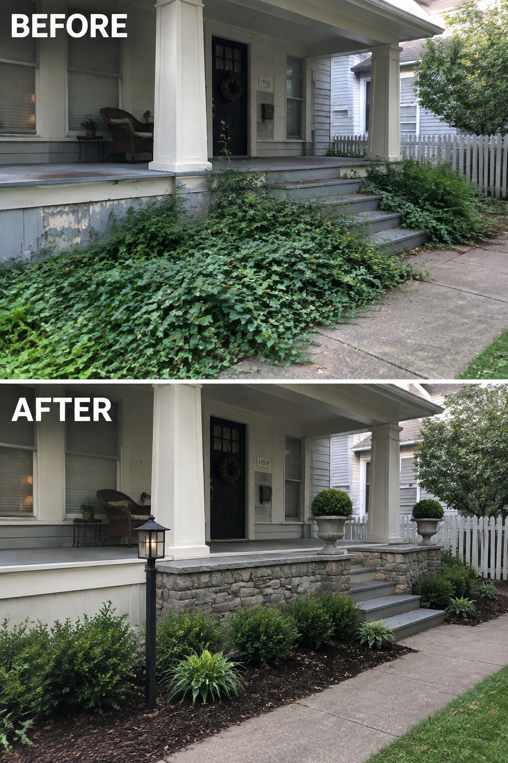 Before-and-after image of an older home front porch showing overgrown vines removed and replaced with a stone porch base, mulched garden beds, and structured shrubs.