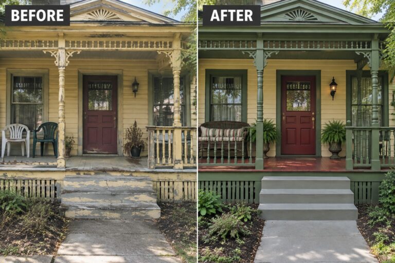 20 Elegant Front Porch Refresh Ideas for Older Homes With Period-Appropriate Details Before-and-after image of an older home's front porch showing peeling yellow paint and worn steps updated with green paint, red flooring, and simple seating.