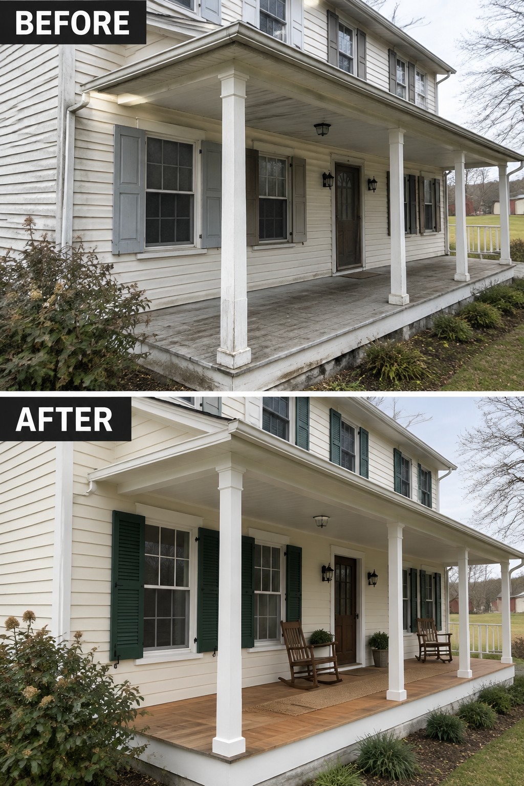 Before and after porch renovation with green shutters, wooden deck, and rocking chairs.