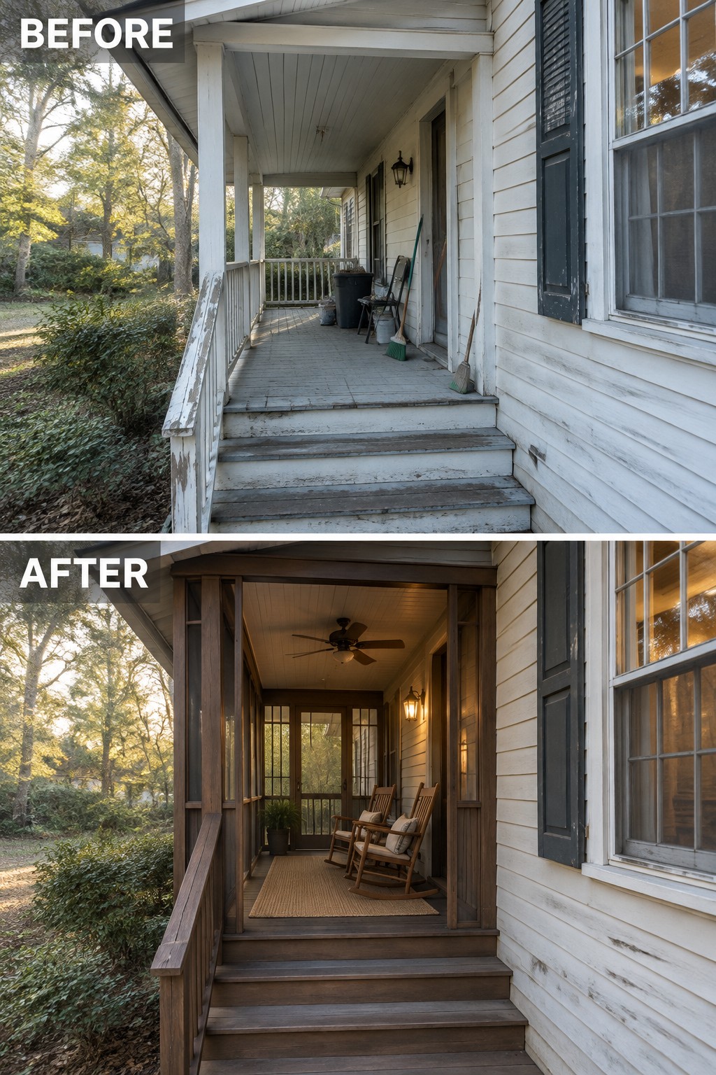 Before-and-after image of a worn front porch changed into a screened seating area with rocking chairs, a rug, ceiling fan, and updated wood finishes.