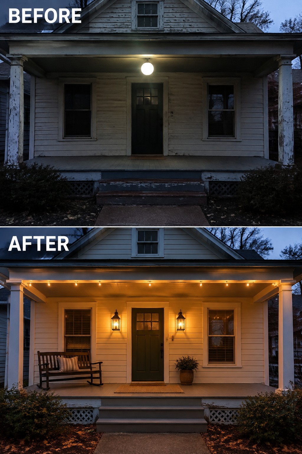 Before and after house porch with string lights, bench, lanterns, and fresh paint