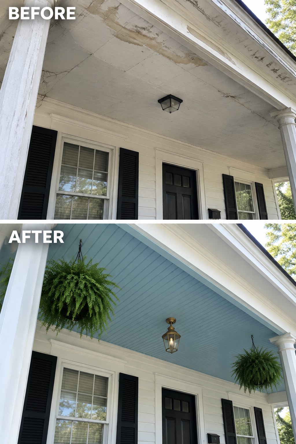 Before-and-after porch ceiling painted light blue with hanging ferns added