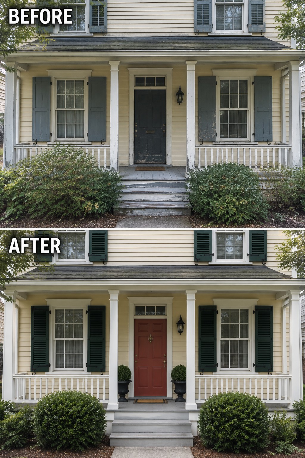 Before-and-after house exterior with new red door, green shutters, and tidy landscaping