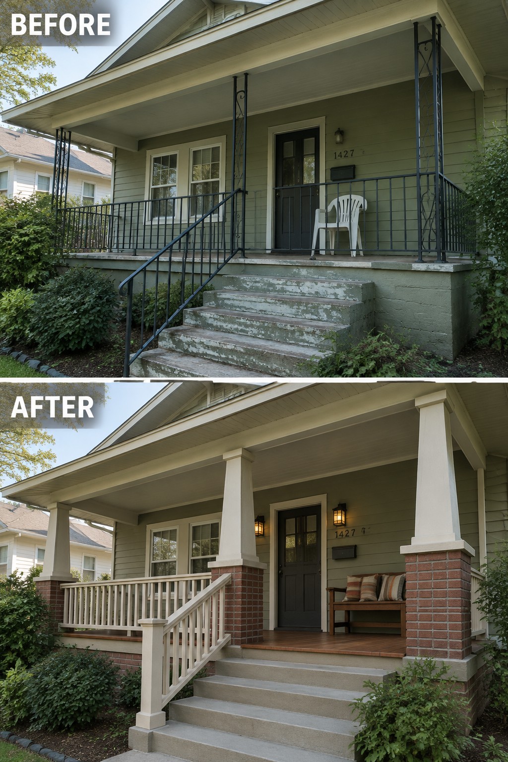 Before-and-after image of an older home front porch with worn steps and metal railings updated to new columns on brick bases, wooden railings, and a bench.