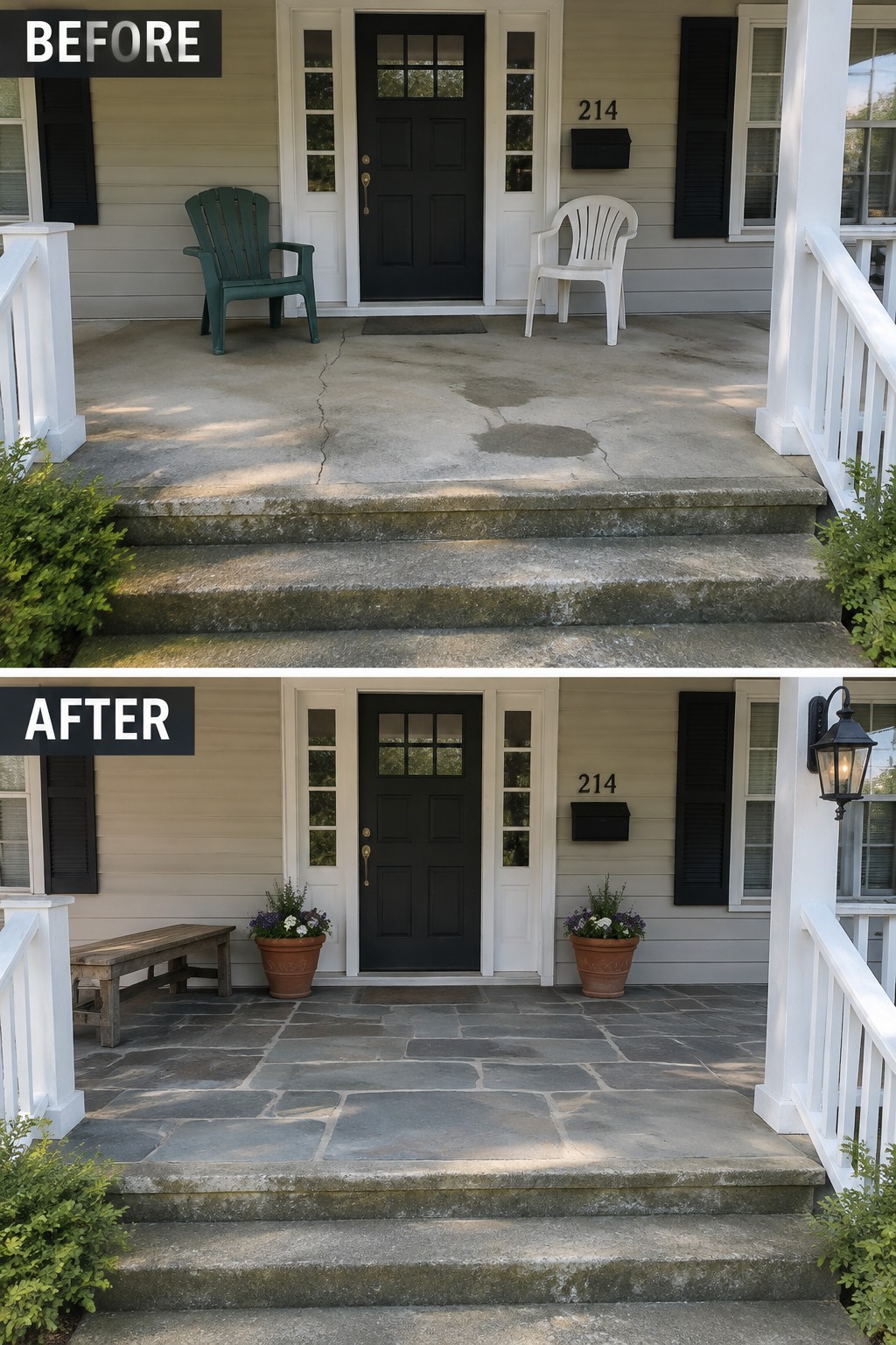 Before-and-after image of a front porch showing cracked concrete replaced with stone pavers, along with added planters and seating.