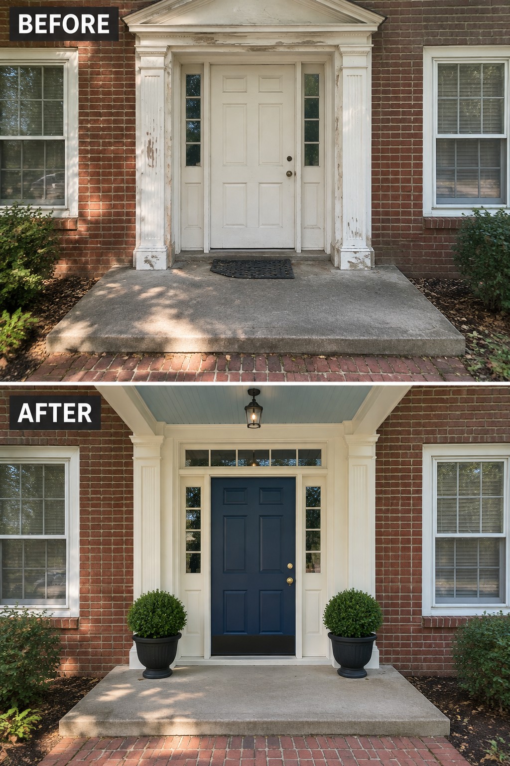Before-and-after image of a brick home entry updated from a faded white door with peeling trim to a navy door with fresh trim and matching potted shrubs.