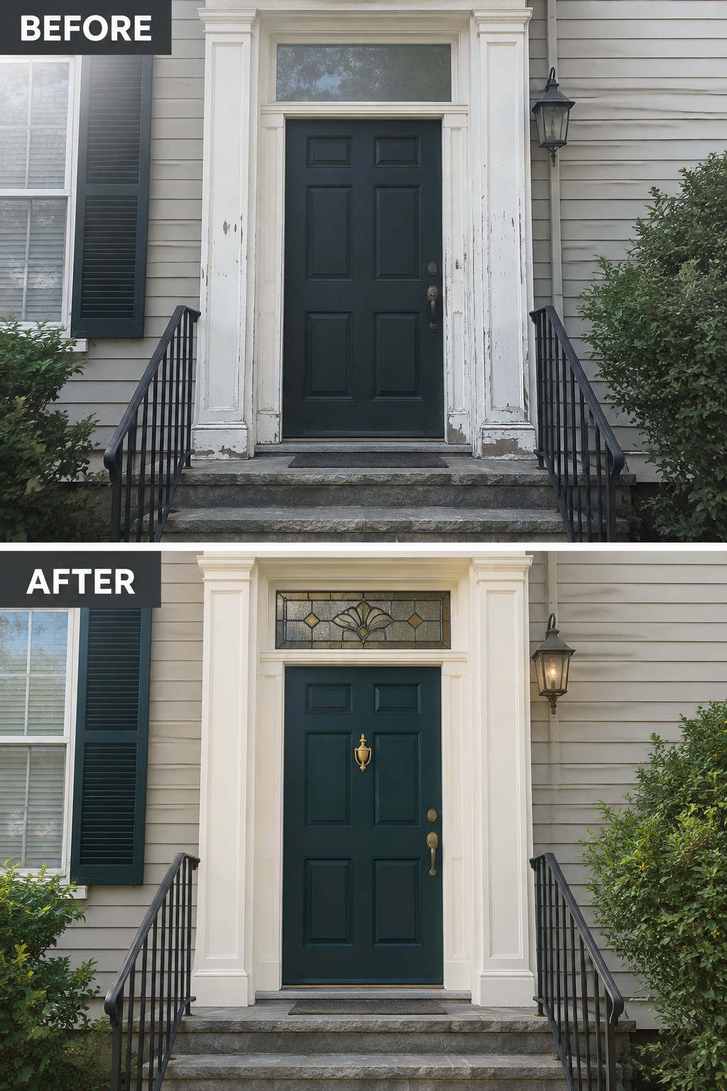 Before and after of dark green door with fresh white trim and new transom window.