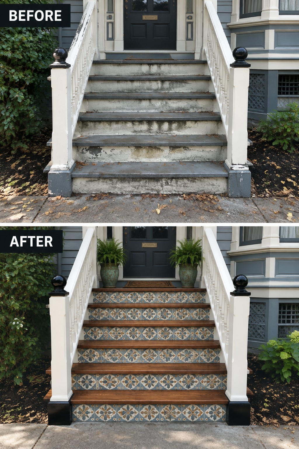 Before and after of worn concrete stairs renovated with wood and patterned tiles