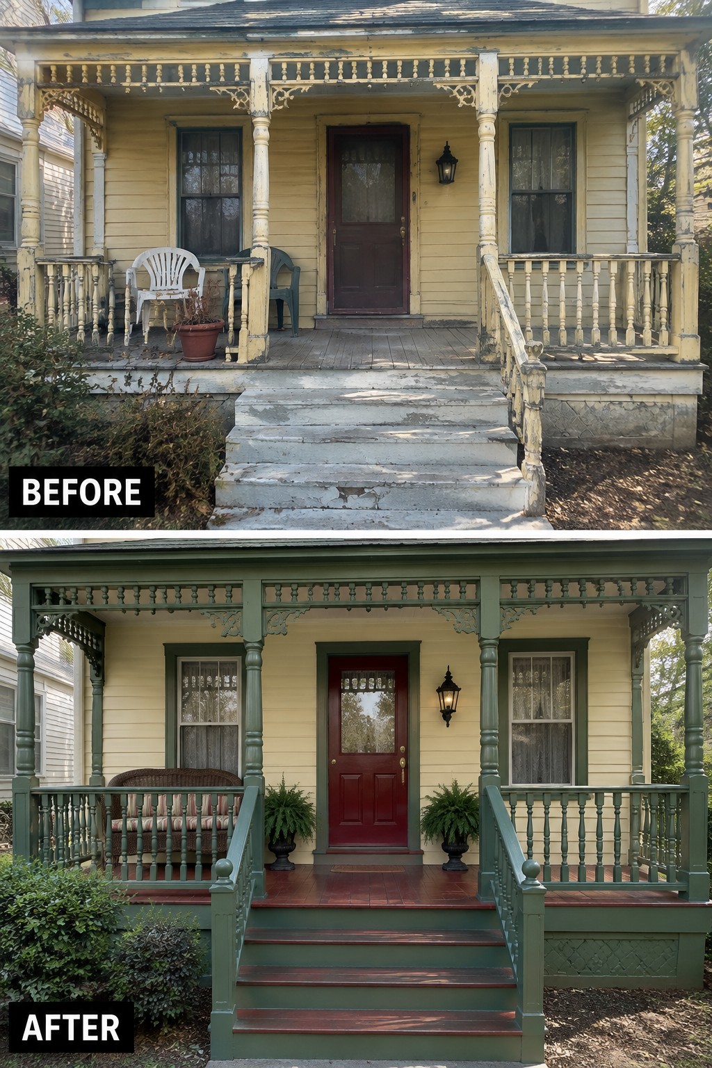 Before-and-after image of an older home's front porch showing peeling yellow paint and worn steps updated with green paint, red flooring, and simple seating.