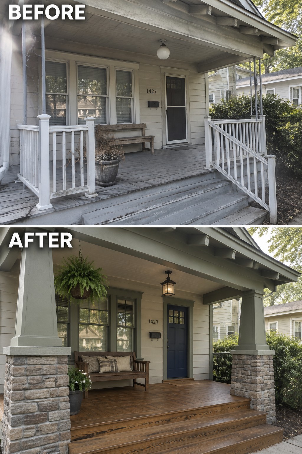 Before and after porch renovation with stone pillars and wooden deck.