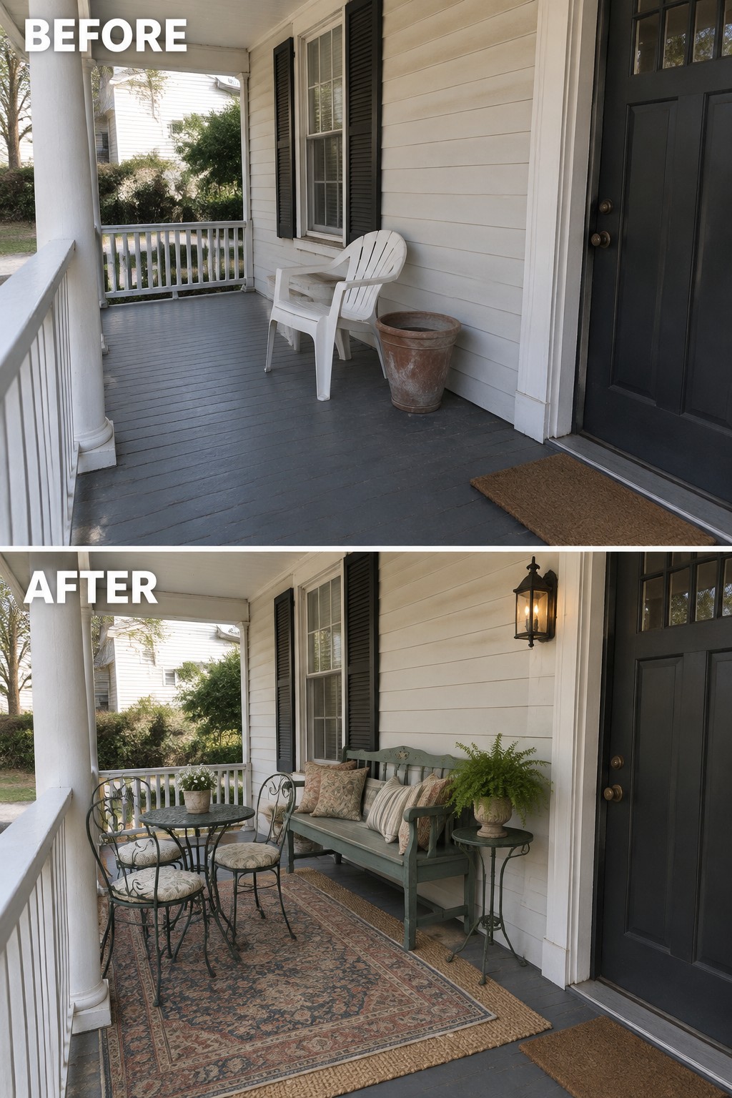 Before and after porch with added green bench, rug, table set, plants, and lantern.