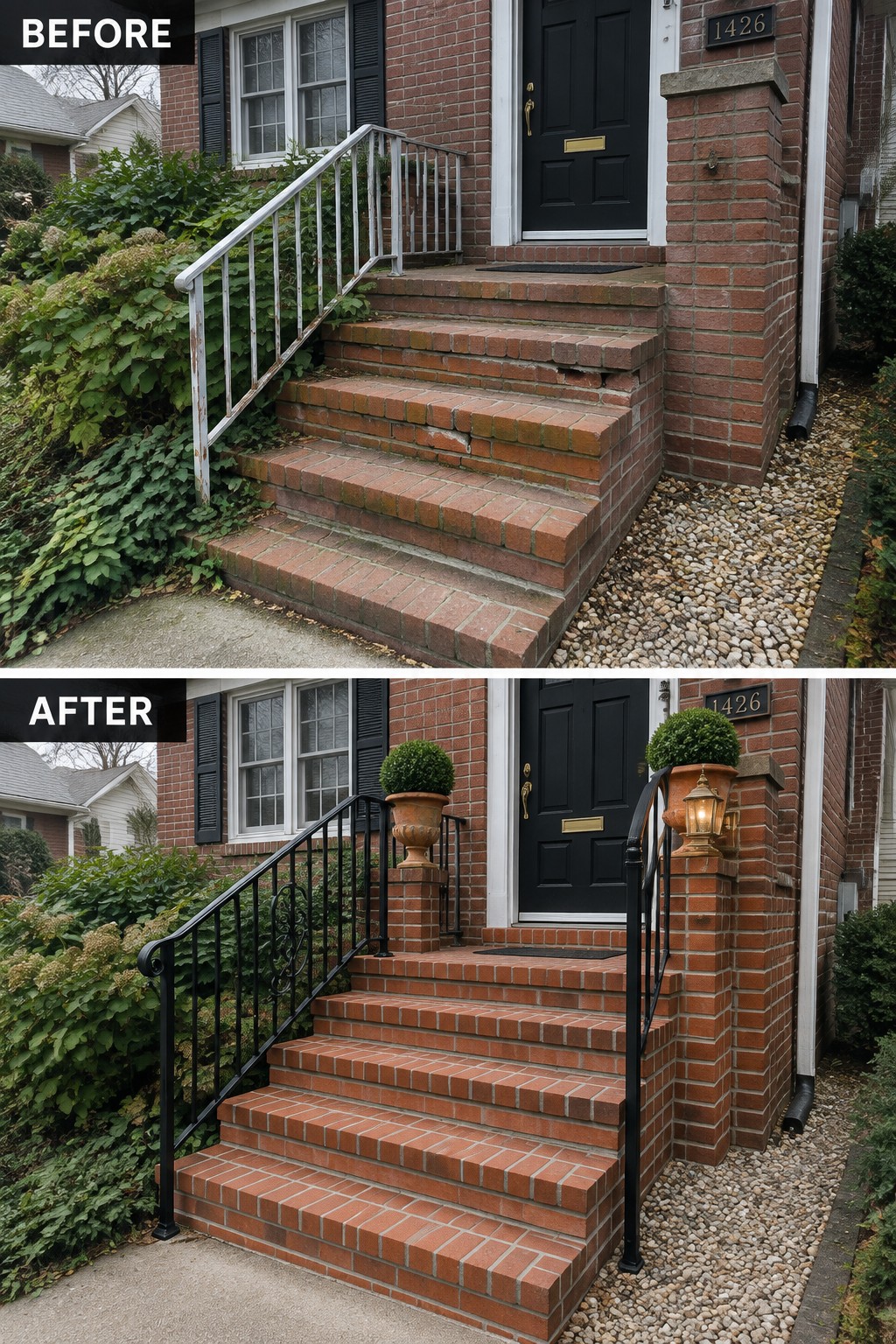 Before and after of brick steps with rusty white railing replaced by black metal ones