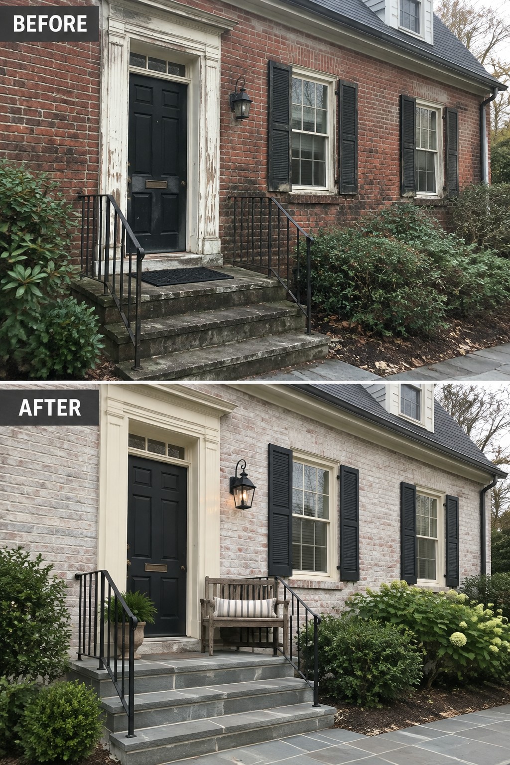 Before and after of brick house entrance painted white with stone steps and bench.