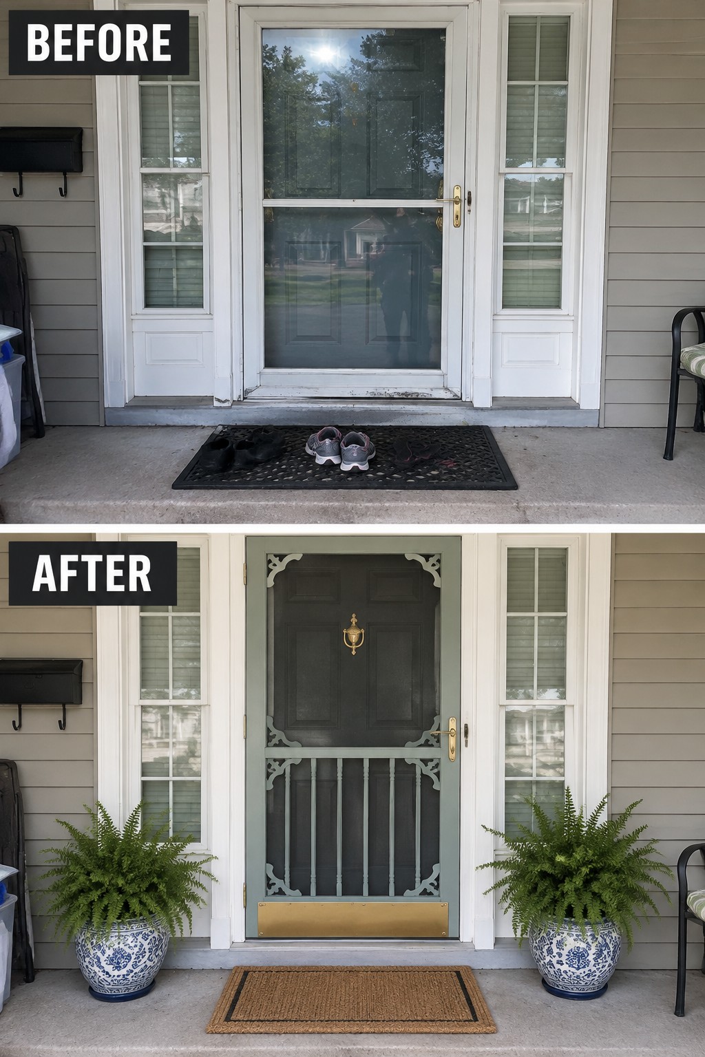 Before-and-after image of a house front entry showing the door repainted and two matching planters added on either side of the porch.
