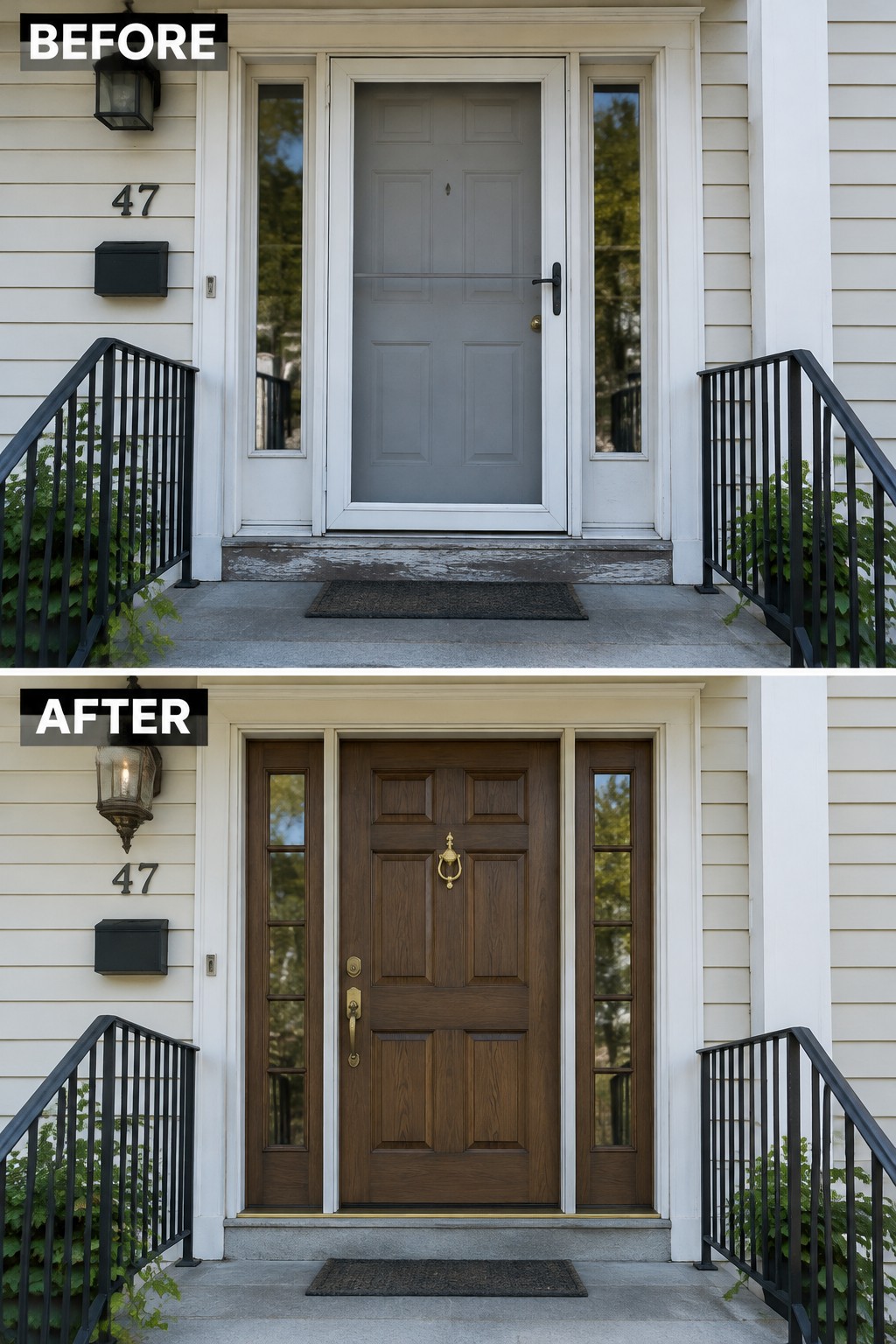 Before and after of front door changed from gray to dark wood with glass panels.