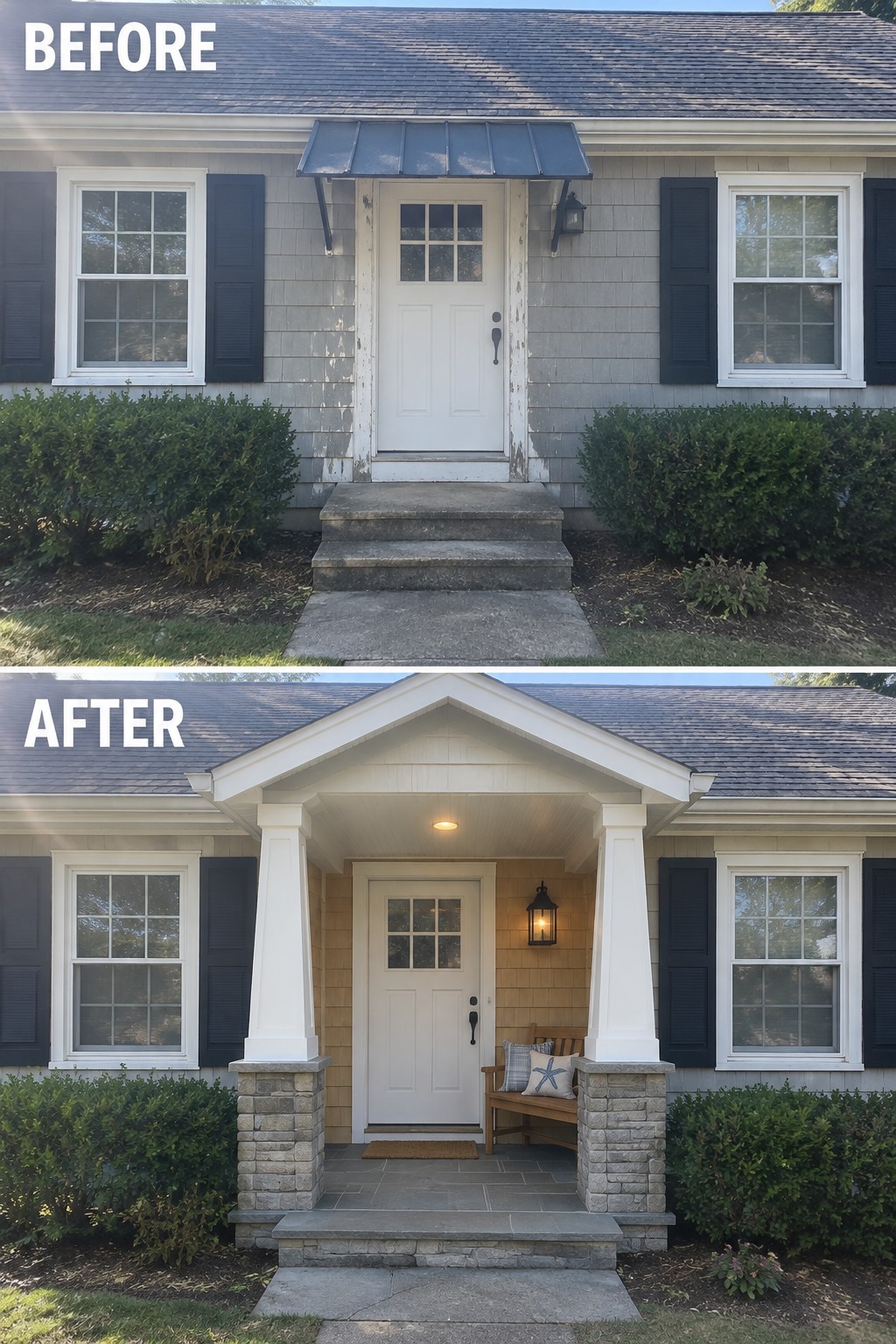 Before and after renovation of gray house entrance with white porch.