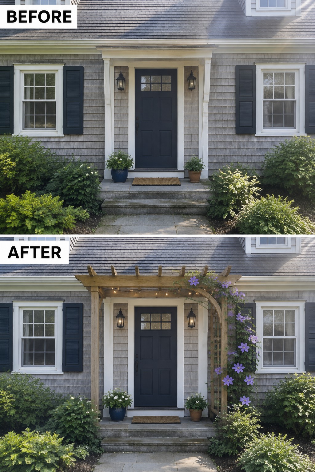 Before and after of house entrance with new wooden pergola and purple flowering vines