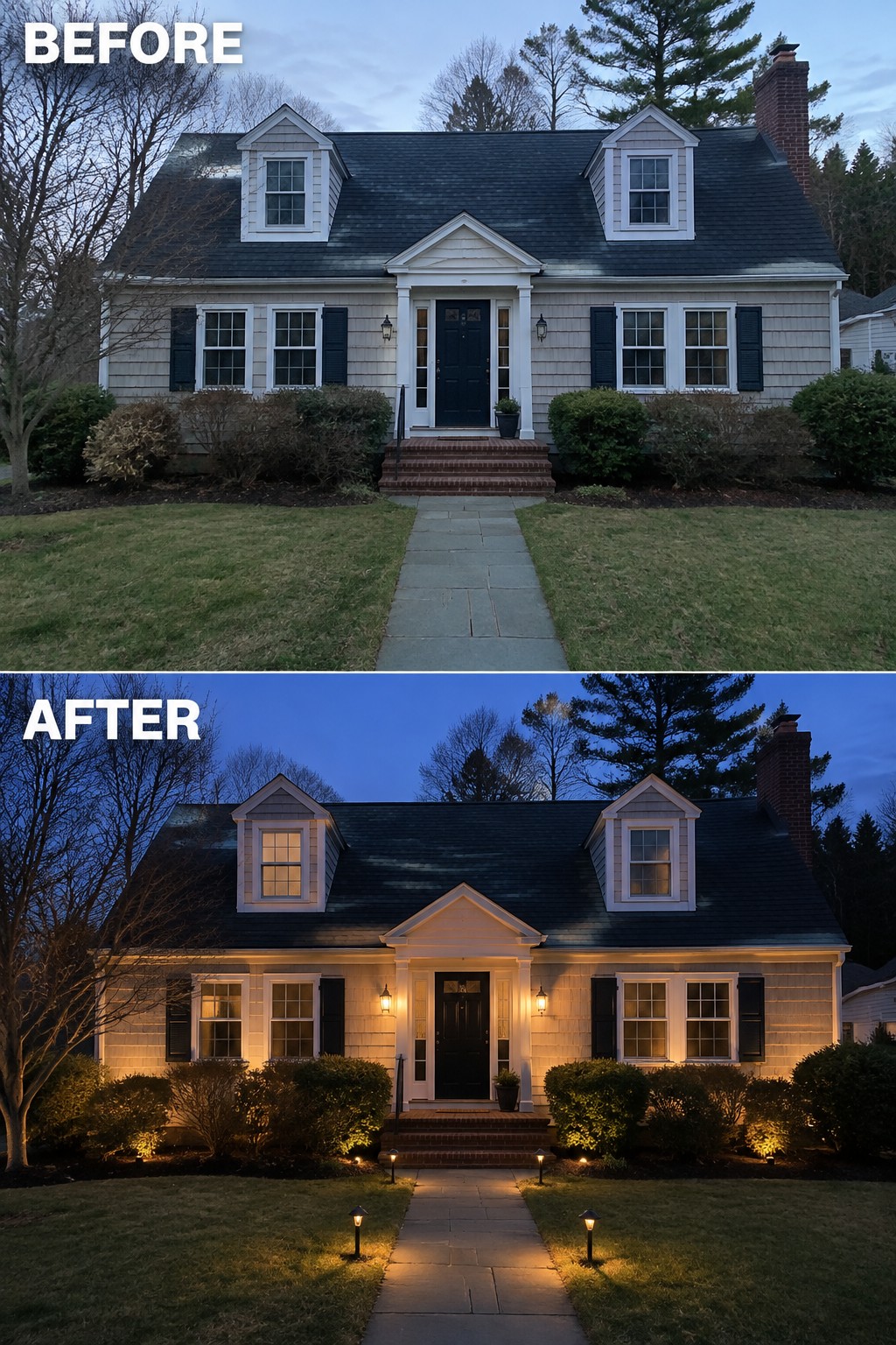 Before and after views of house with added pathway and landscape lighting at dusk.