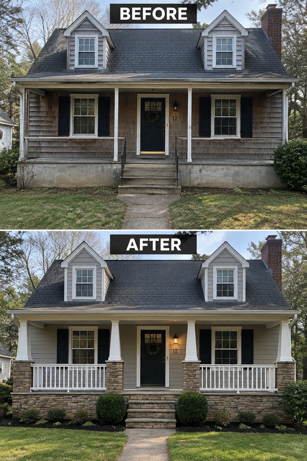 Before and after views of a renovated house with stone porch and railings.