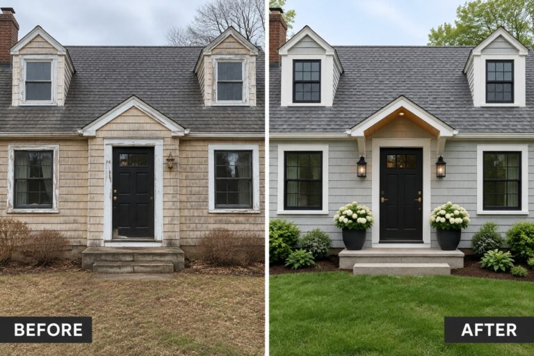 20 Modern Cape Cod Exterior Remodel Ideas With Porch and Entry Upgrades Before and after house exterior with new gray paint, landscaping, and lighting
