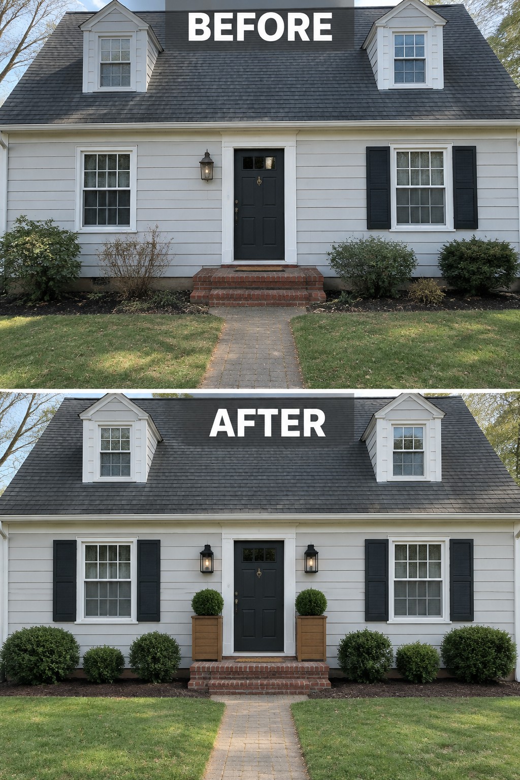 Before-and-after views of white house with black door, shutters, and updated landscaping
