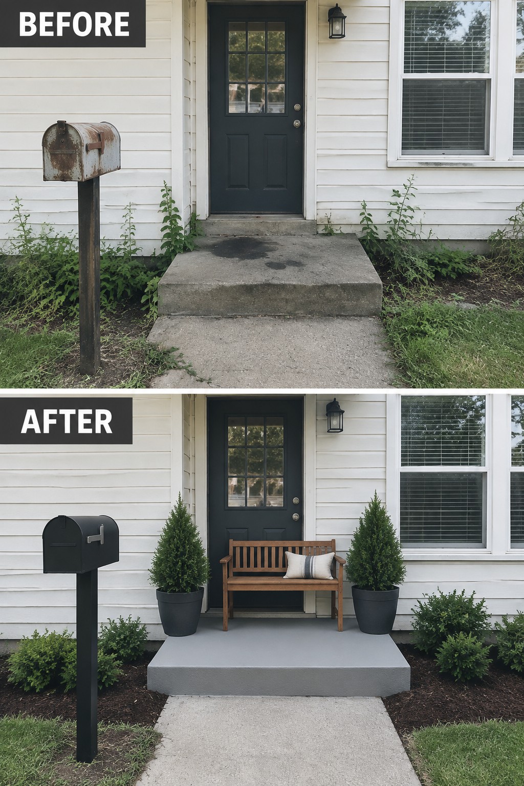 Before-and-after image of a plain house entry updated with a wooden bench, potted plants, and fresh landscaping around the steps.