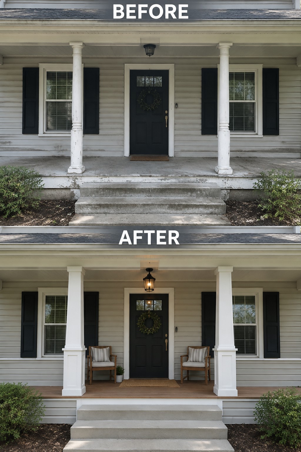 Before and after porch renovation showing concrete to wooden deck with chairs