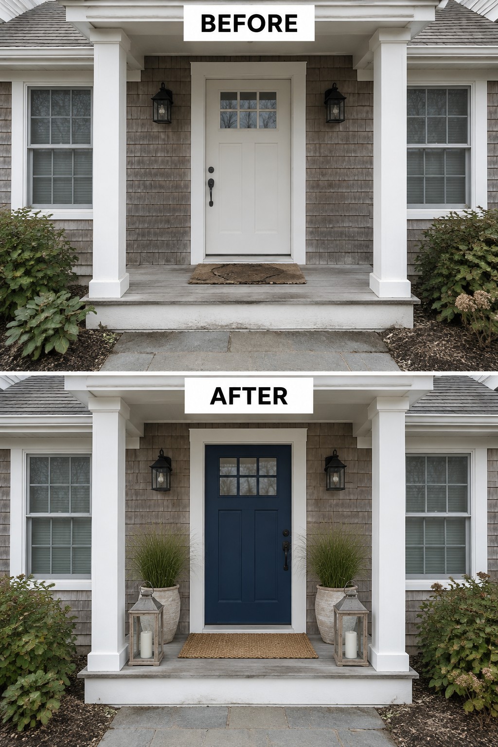 Before-and-after porch with door painted navy blue, flanked by potted grasses and lanterns.