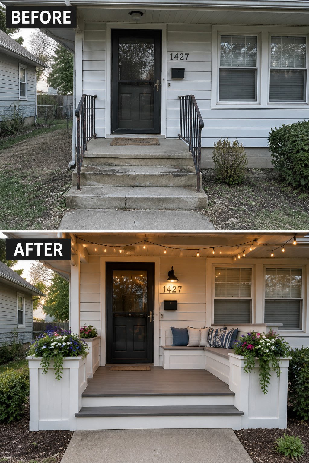 Before-and-after image of a plain concrete front porch updated with a wooden deck, built-in bench, planters, and string lights.