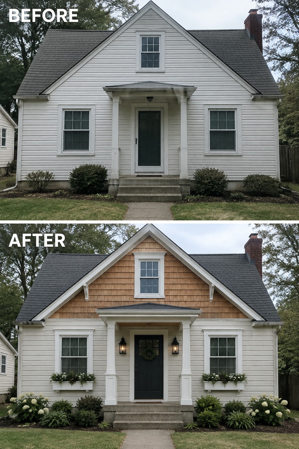 Before-and-after image of a white Cape Cod house with wood shingles added to the front gable, a dark front door, and new window flower boxes.