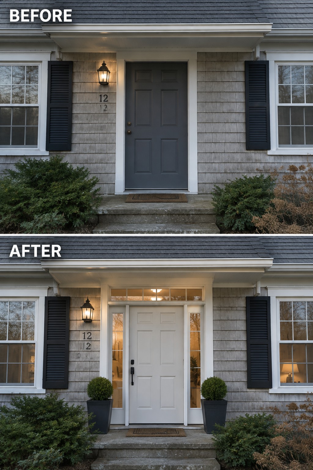 Before-and-after image of a house front entry changed from a dark door to a white door with sidelights and flanked by two matching potted shrubs.