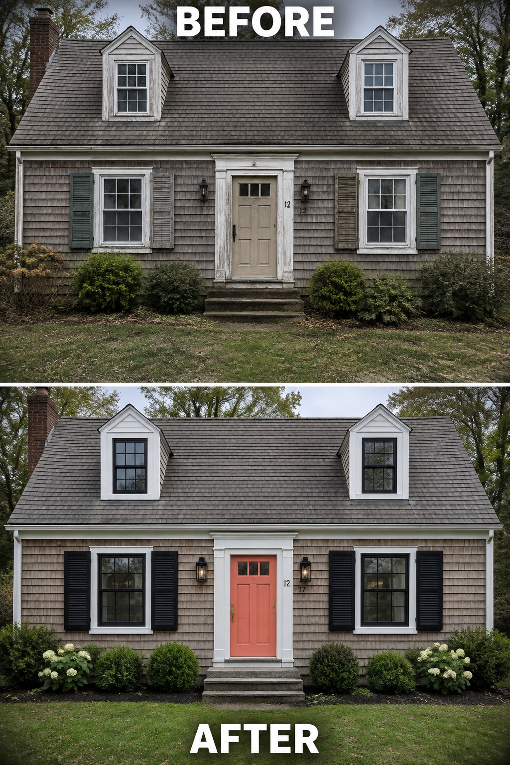 Before and after house exterior renovation with coral door and black shutters