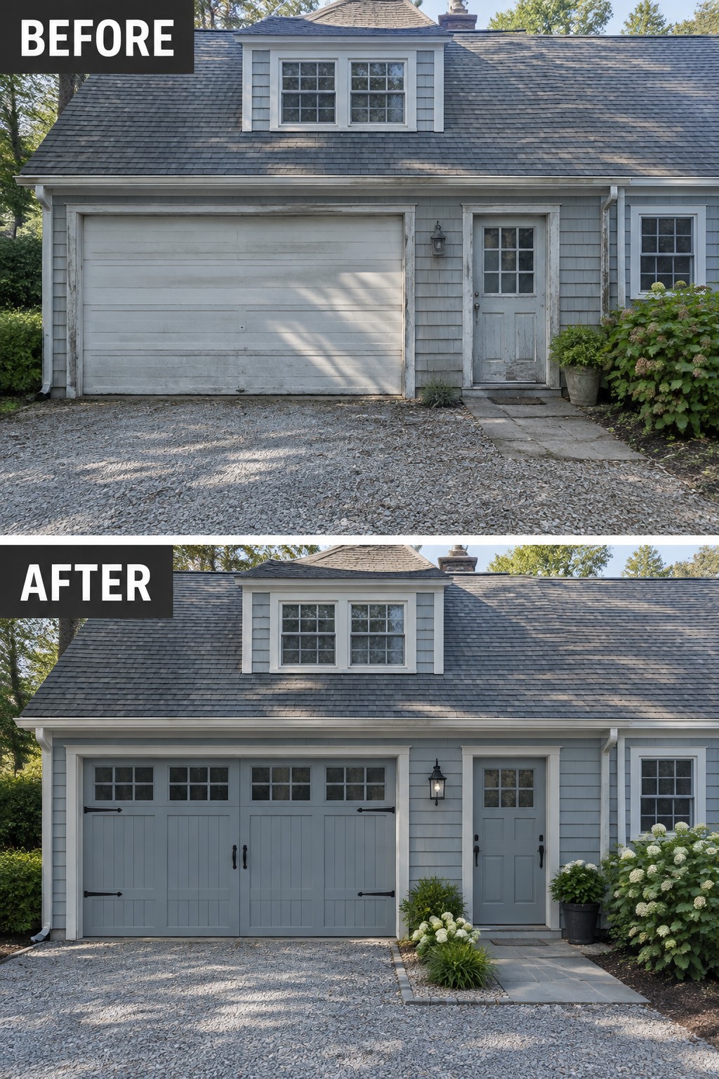 Before and after of house with new gray garage doors, door, and landscaping.