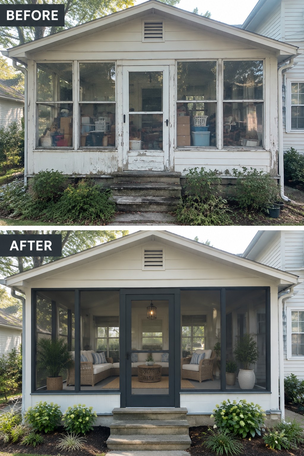 Before-and-after of a white house porch, from cluttered peeling paint to modern furnished screens.