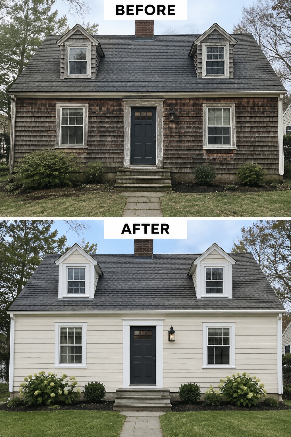 Before-and-after image of a Cape Cod house exterior changed from dark weathered shingles to light siding with white trim and refreshed landscaping.