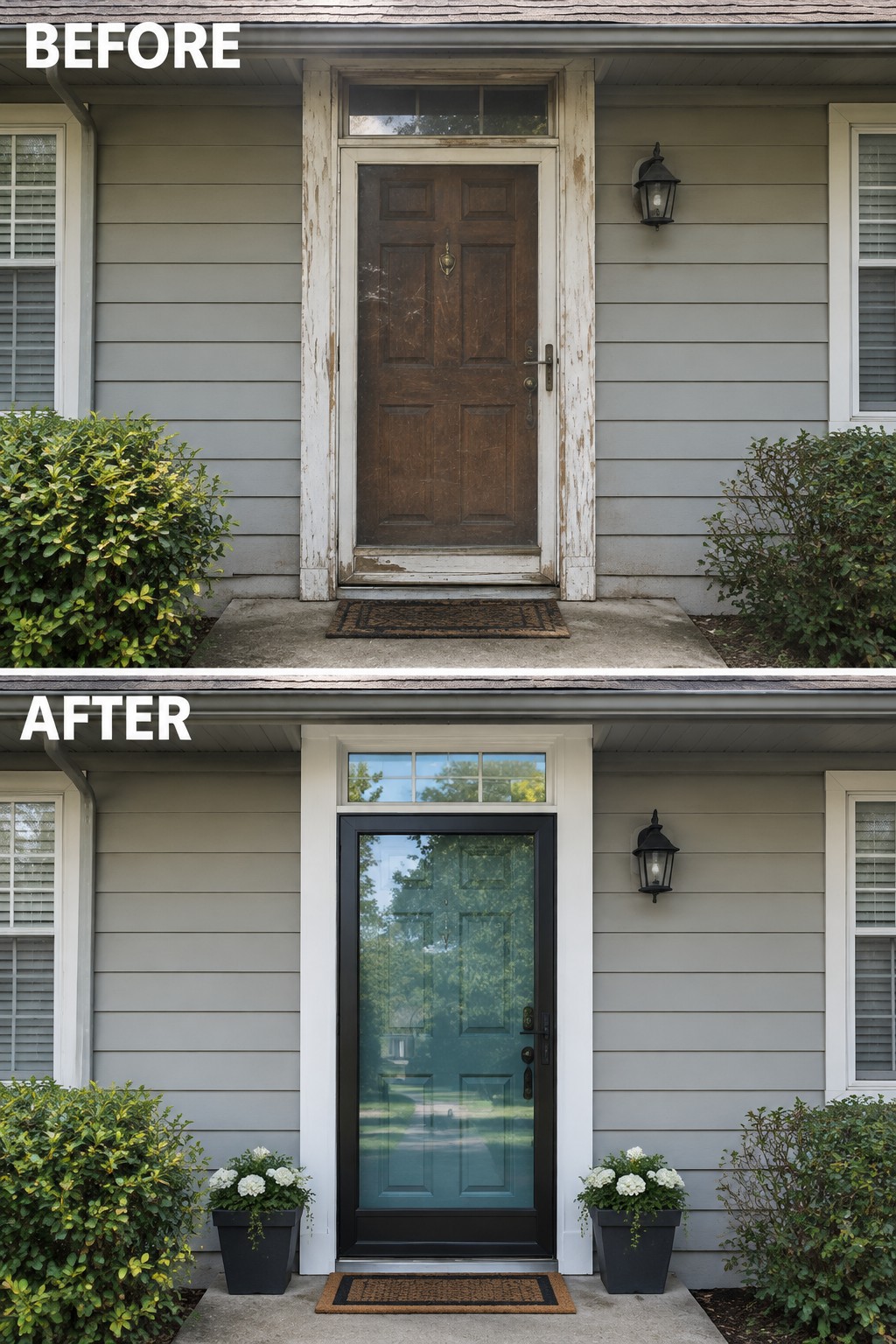 Before-and-after image of a weathered front entry transformed with a new black-framed door, fresh trim, and potted plants on either side.