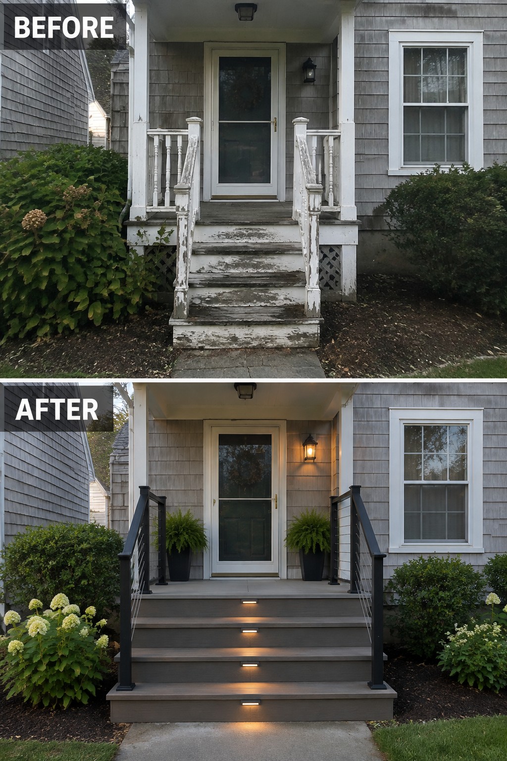 Before and after view of renovated porch stairs with modern black railings and lights