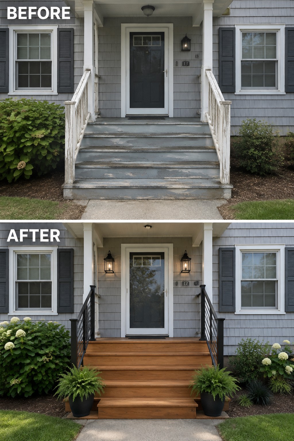 Before and after of gray house porch with new brown wooden stairs and black railings