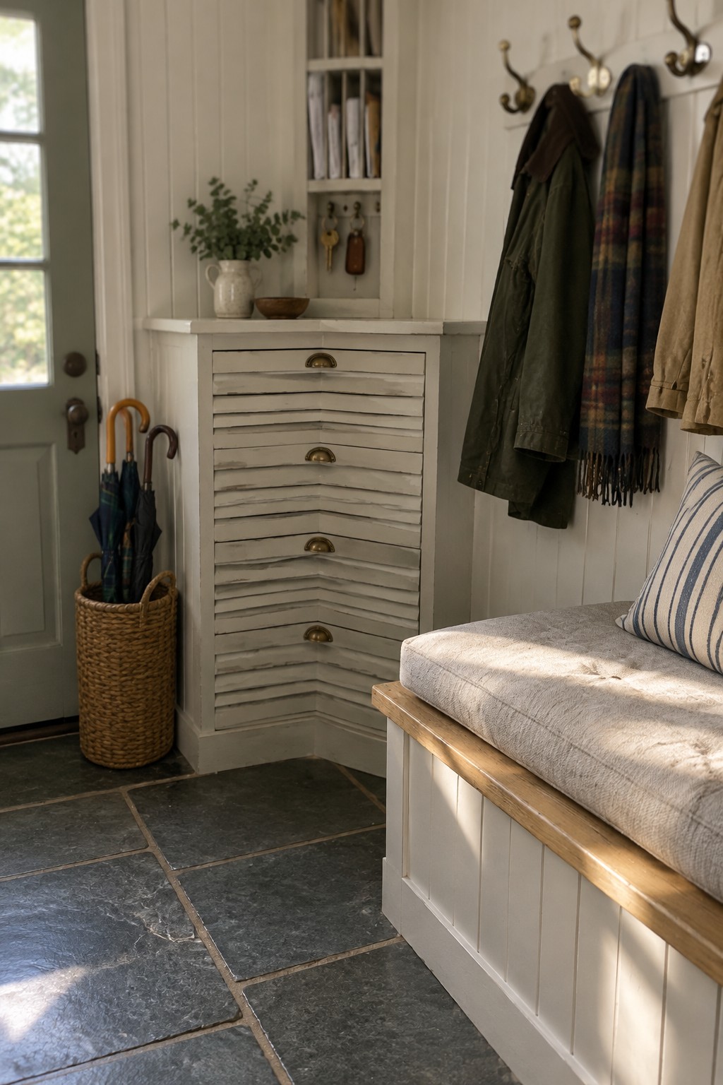 A white corner cabinet with several shallow drawers stands in an entryway beside a door and an umbrella basket.