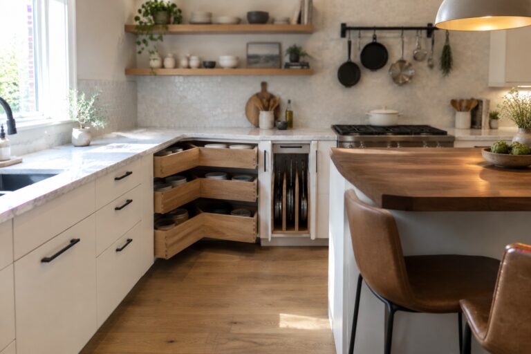 19 Practical Corner Drawer Cabinet Ideas for Better Everyday Access Open angled wooden drawers in a white corner kitchen cabinet hold pots, pans, and dishes.